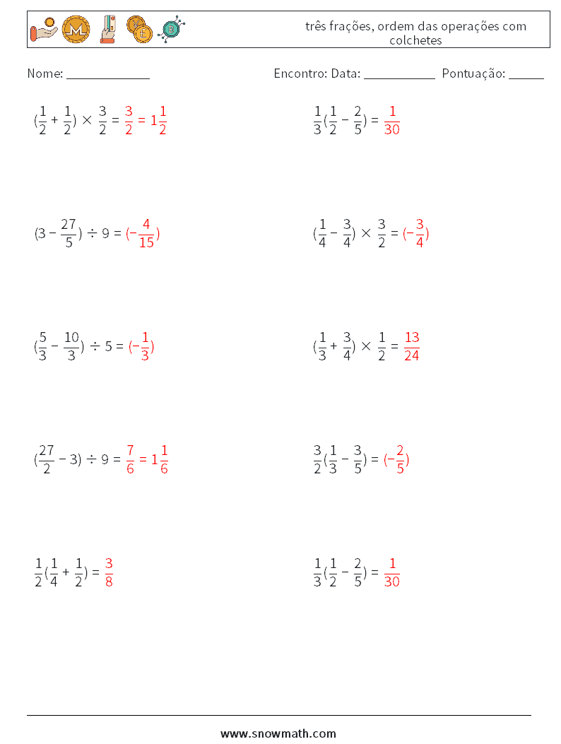 (10) três frações, ordem das operações com colchetes planilhas matemáticas 7 Pergunta, Resposta