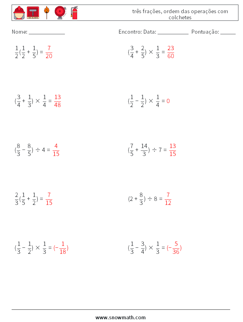 (10) três frações, ordem das operações com colchetes planilhas matemáticas 8 Pergunta, Resposta