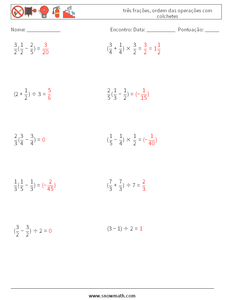 (10) três frações, ordem das operações com colchetes planilhas matemáticas 9 Pergunta, Resposta