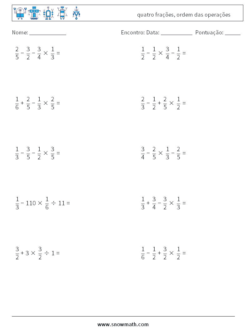 (10) quatro frações, ordem das operações planilhas matemáticas 10