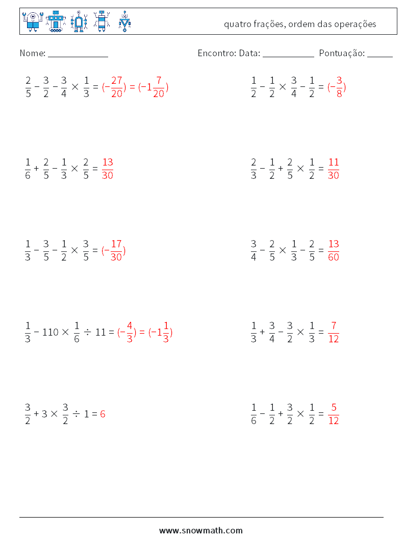 (10) quatro frações, ordem das operações planilhas matemáticas 10 Pergunta, Resposta