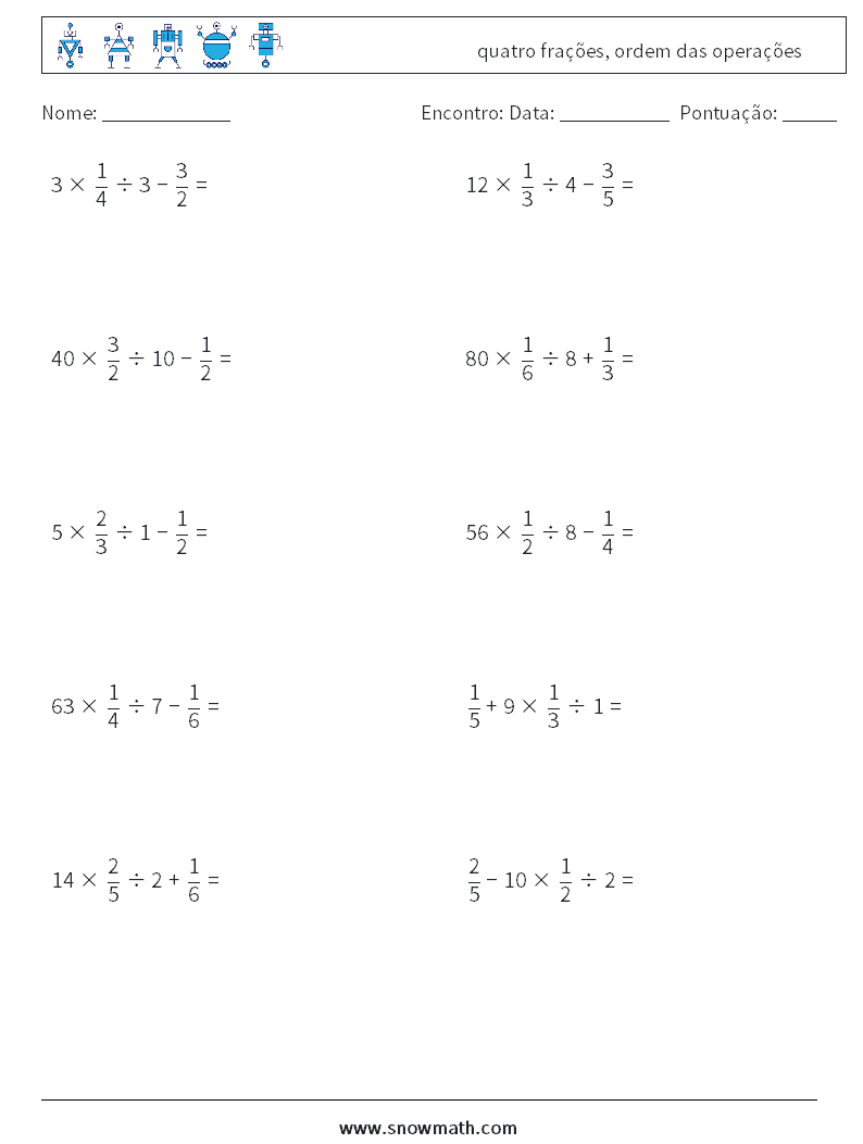 (10) quatro frações, ordem das operações planilhas matemáticas 11