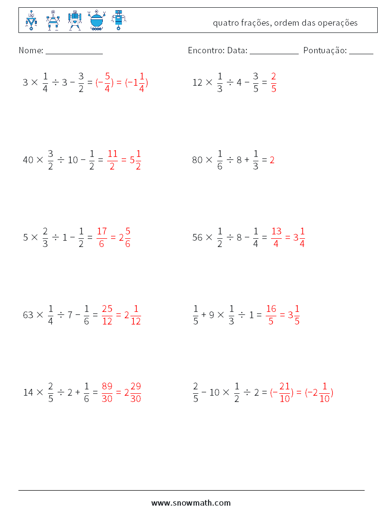 (10) quatro frações, ordem das operações planilhas matemáticas 11 Pergunta, Resposta