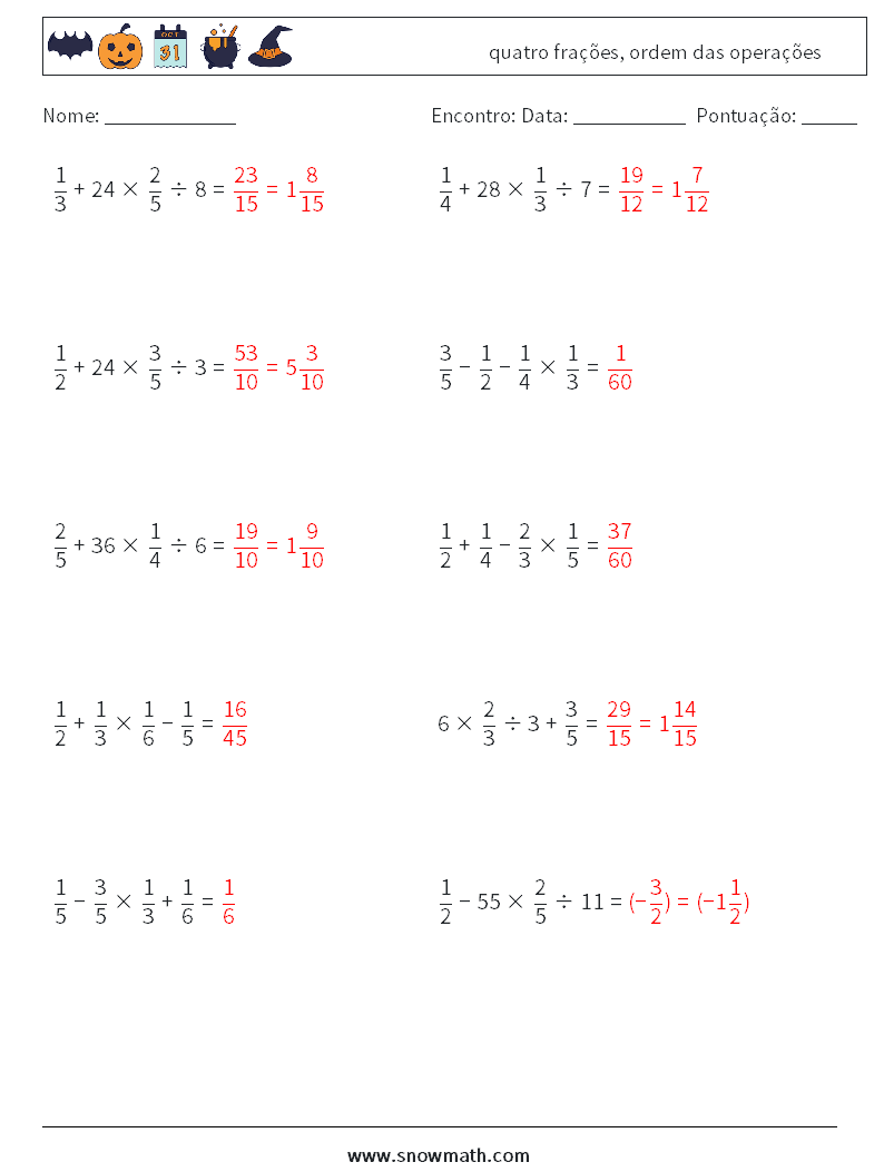 (10) quatro frações, ordem das operações planilhas matemáticas 12 Pergunta, Resposta