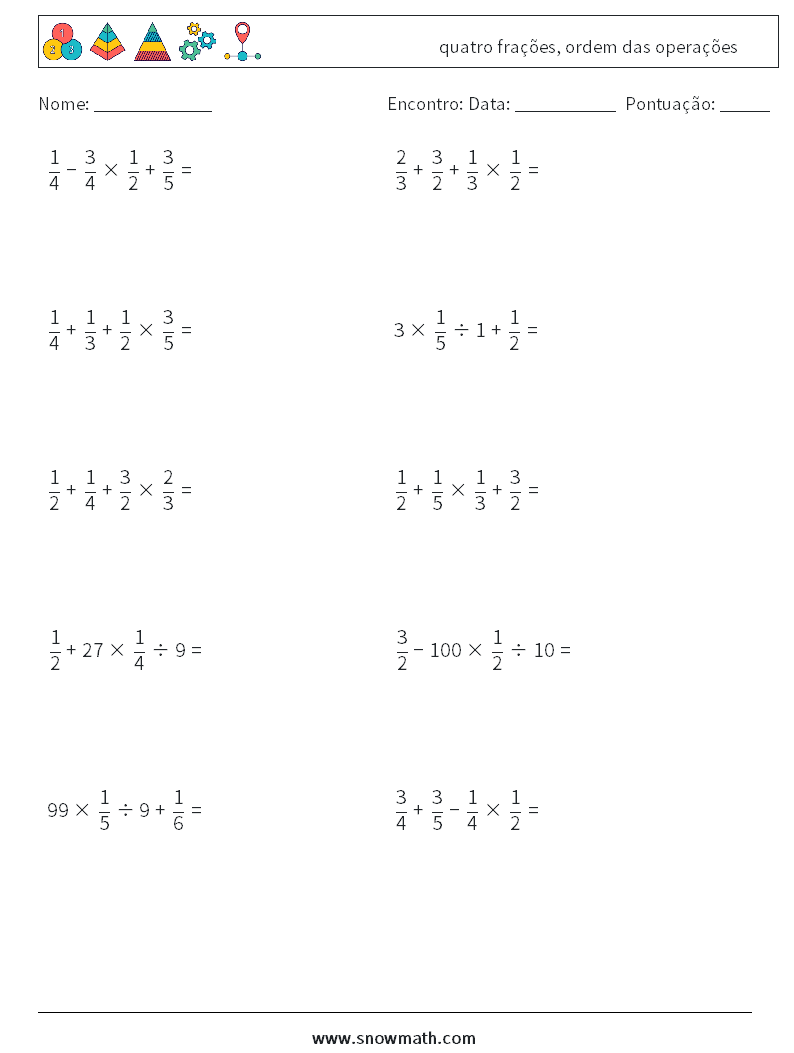 (10) quatro frações, ordem das operações planilhas matemáticas 14