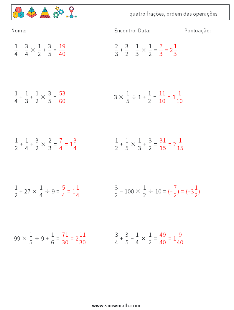 (10) quatro frações, ordem das operações planilhas matemáticas 14 Pergunta, Resposta