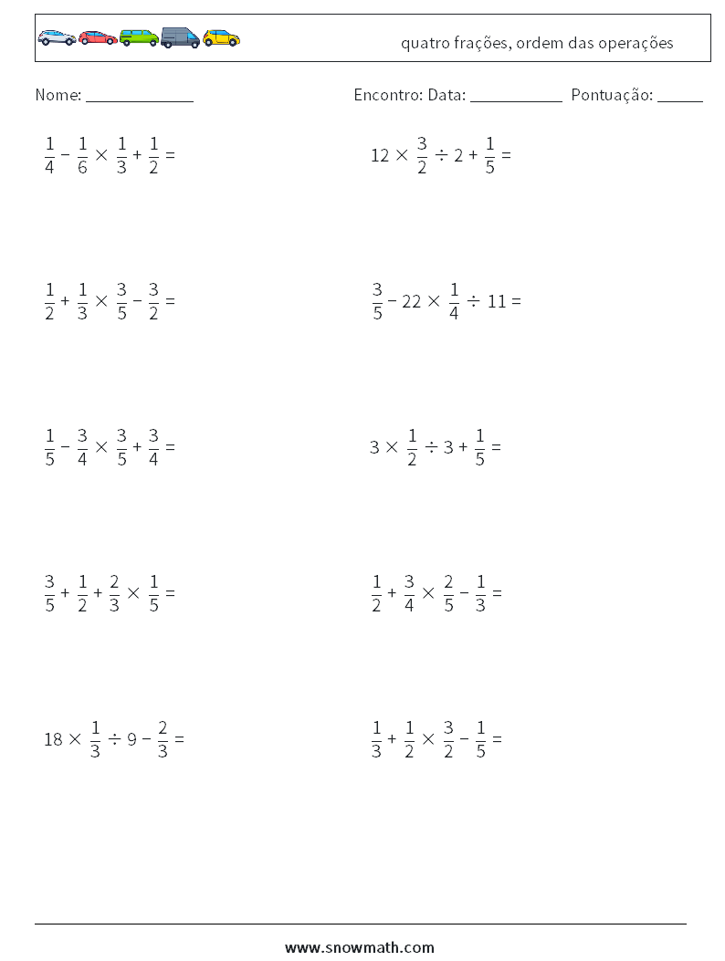 (10) quatro frações, ordem das operações planilhas matemáticas 15