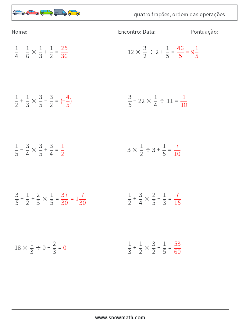 (10) quatro frações, ordem das operações planilhas matemáticas 15 Pergunta, Resposta