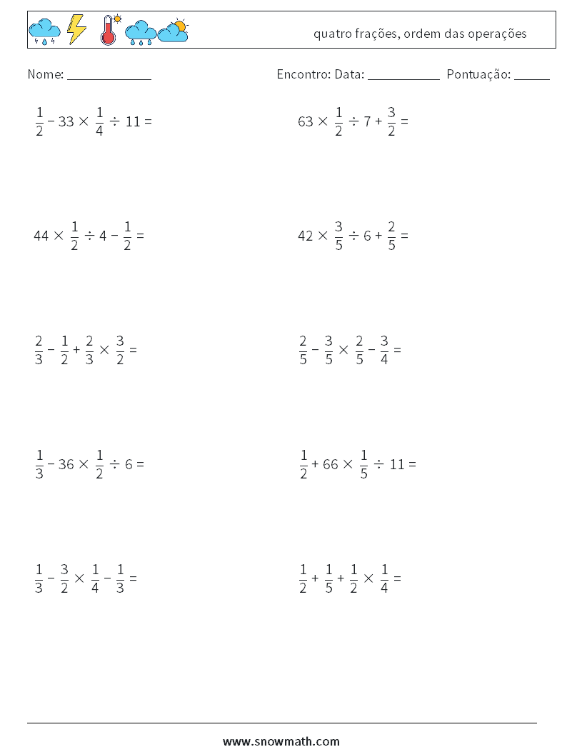 (10) quatro frações, ordem das operações planilhas matemáticas 16