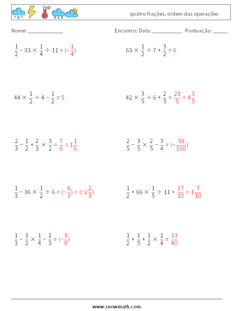 (10) quatro frações, ordem das operações planilhas matemáticas 16 Pergunta, Resposta