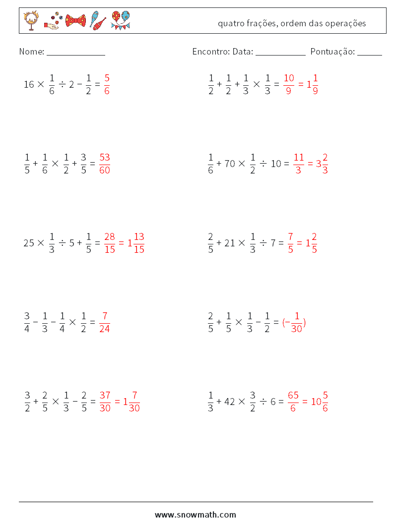 (10) quatro frações, ordem das operações planilhas matemáticas 17 Pergunta, Resposta