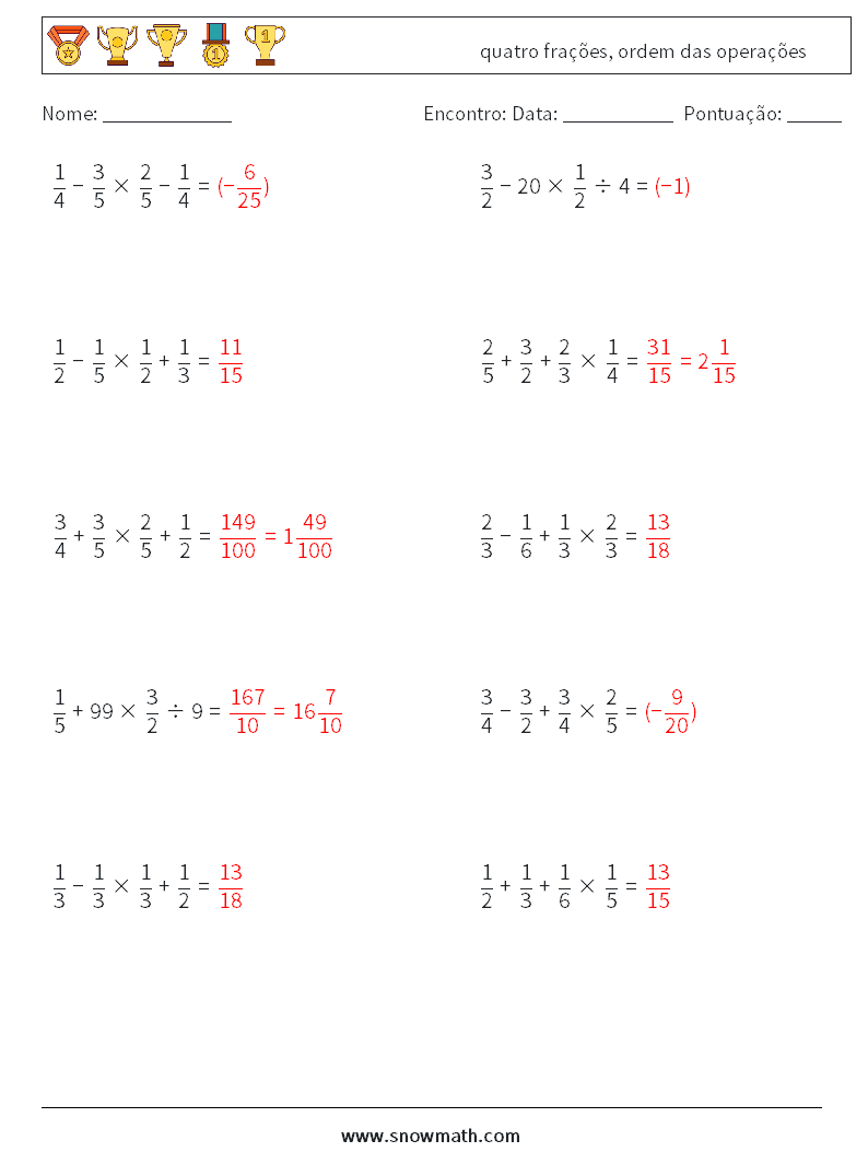 (10) quatro frações, ordem das operações planilhas matemáticas 18 Pergunta, Resposta