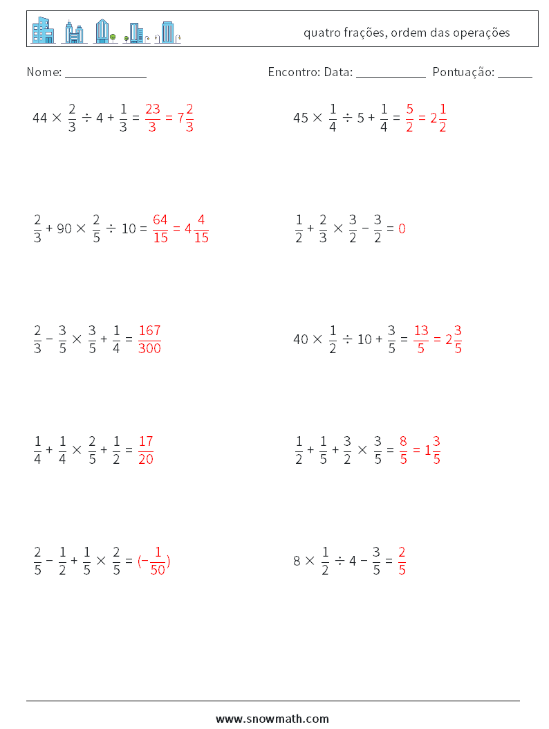 (10) quatro frações, ordem das operações planilhas matemáticas 1 Pergunta, Resposta
