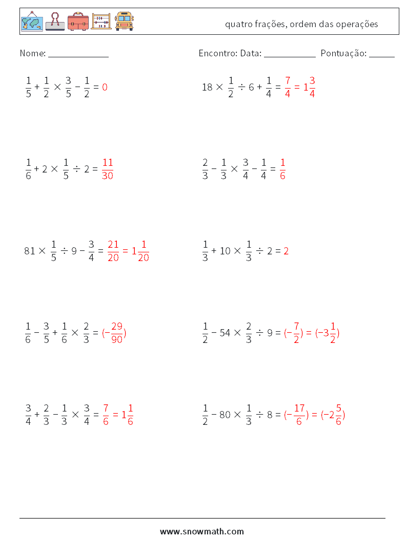 (10) quatro frações, ordem das operações planilhas matemáticas 3 Pergunta, Resposta
