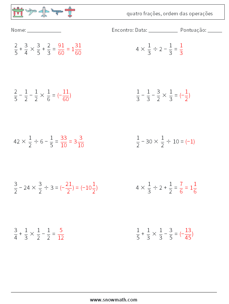 (10) quatro frações, ordem das operações planilhas matemáticas 4 Pergunta, Resposta