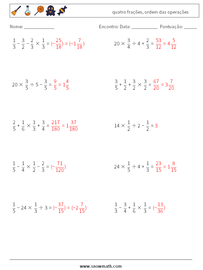 (10) quatro frações, ordem das operações planilhas matemáticas 5 Pergunta, Resposta