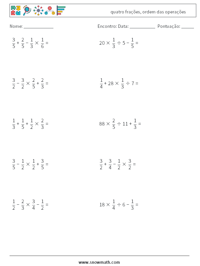 (10) quatro frações, ordem das operações planilhas matemáticas 6