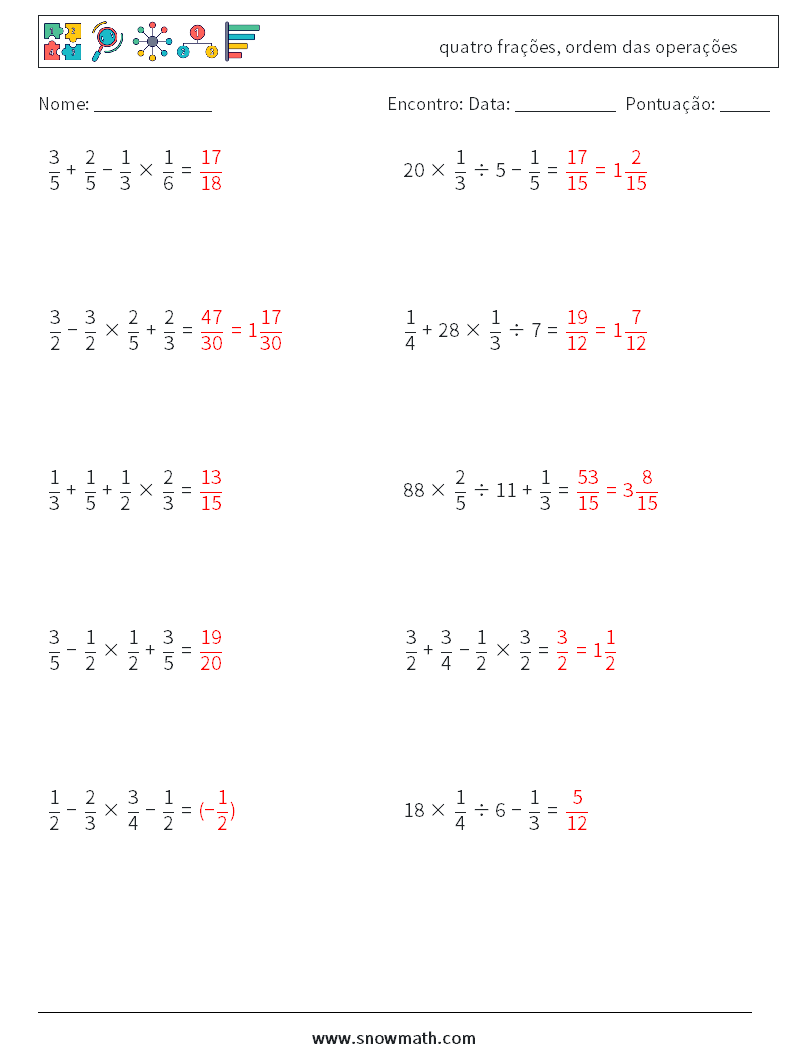 (10) quatro frações, ordem das operações planilhas matemáticas 6 Pergunta, Resposta