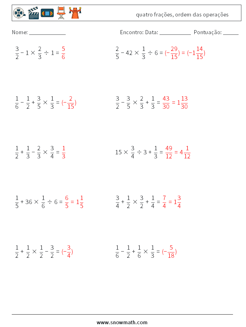 (10) quatro frações, ordem das operações planilhas matemáticas 7 Pergunta, Resposta