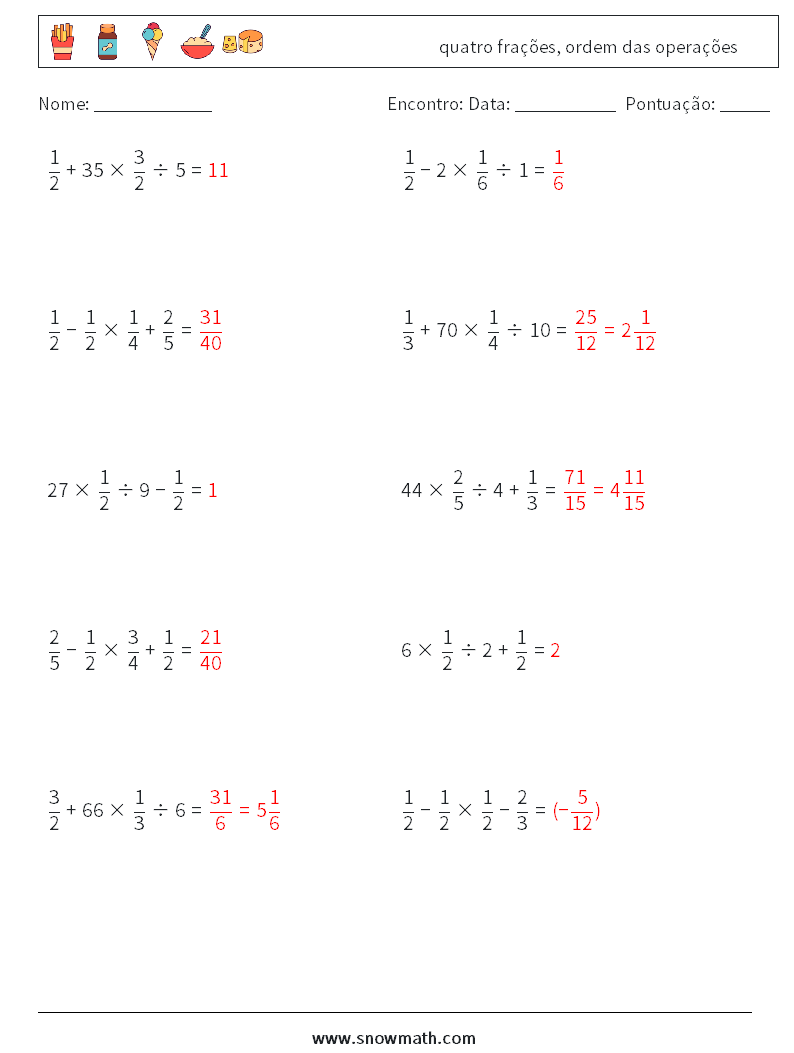(10) quatro frações, ordem das operações planilhas matemáticas 8 Pergunta, Resposta