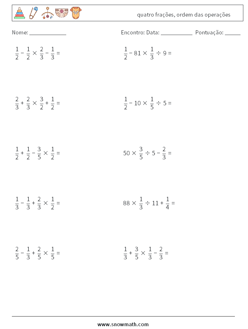 (10) quatro frações, ordem das operações planilhas matemáticas 9