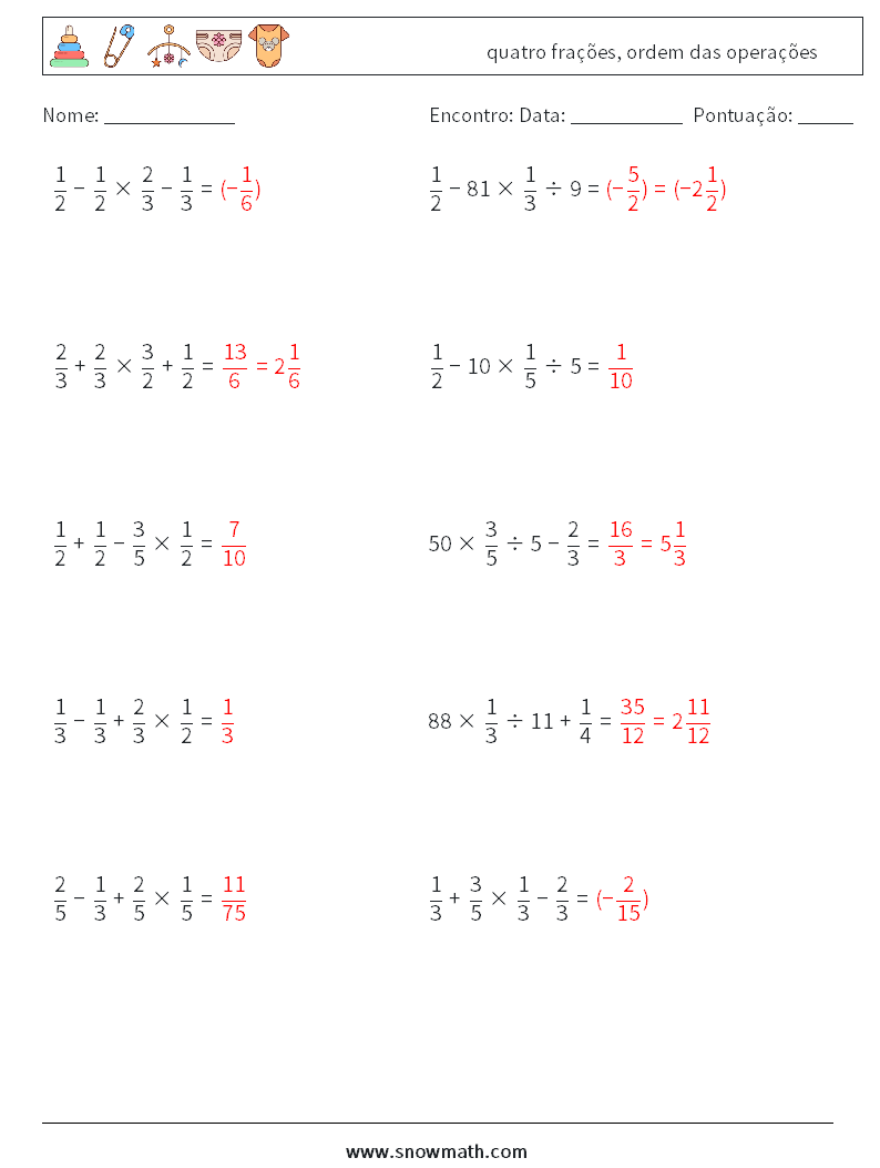 (10) quatro frações, ordem das operações planilhas matemáticas 9 Pergunta, Resposta