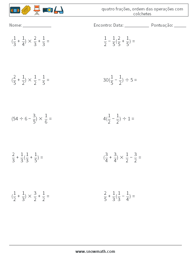 (10) quatro frações, ordem das operações com colchetes planilhas matemáticas 10
