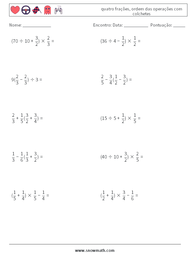 (10) quatro frações, ordem das operações com colchetes planilhas matemáticas 13