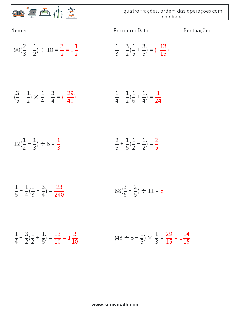 (10) quatro frações, ordem das operações com colchetes planilhas matemáticas 2 Pergunta, Resposta