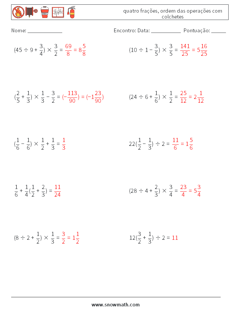 (10) quatro frações, ordem das operações com colchetes planilhas matemáticas 3 Pergunta, Resposta