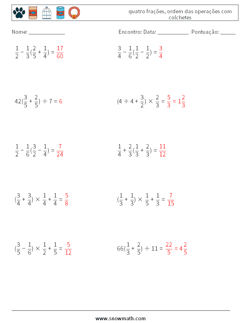 (10) quatro frações, ordem das operações com colchetes planilhas matemáticas 4 Pergunta, Resposta