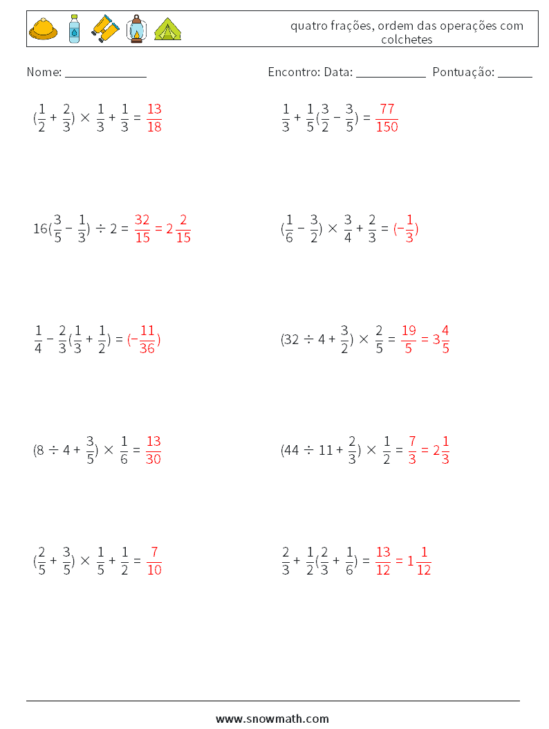 (10) quatro frações, ordem das operações com colchetes planilhas matemáticas 5 Pergunta, Resposta