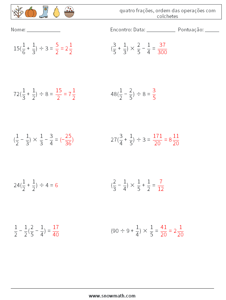 (10) quatro frações, ordem das operações com colchetes planilhas matemáticas 6 Pergunta, Resposta