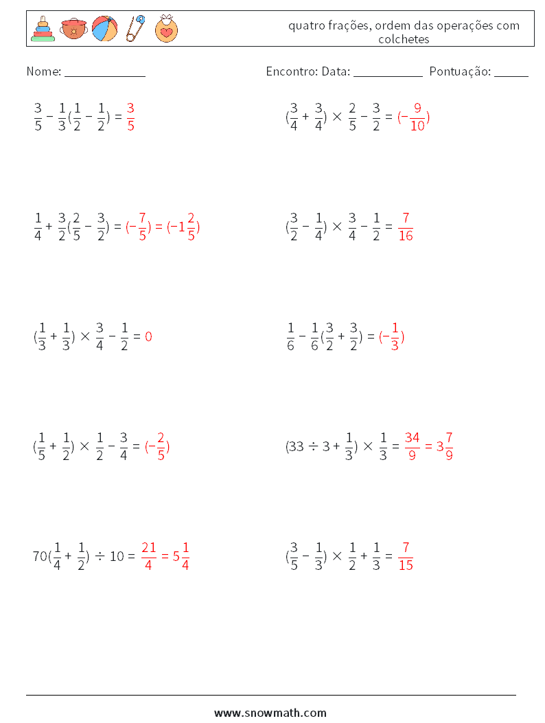 (10) quatro frações, ordem das operações com colchetes planilhas matemáticas 7 Pergunta, Resposta
