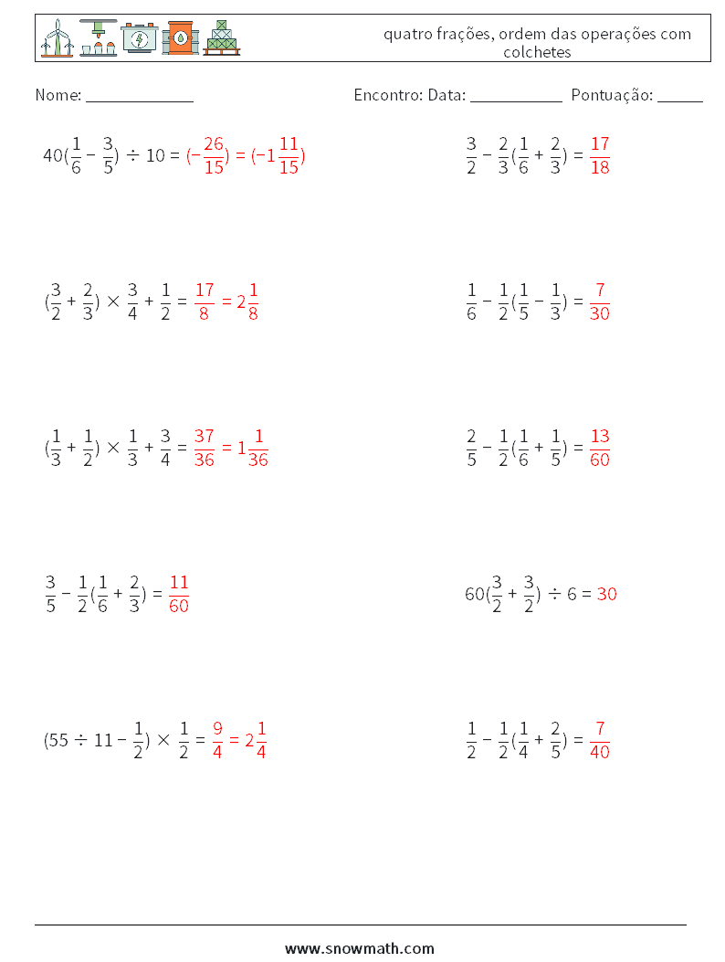 (10) quatro frações, ordem das operações com colchetes planilhas matemáticas 8 Pergunta, Resposta