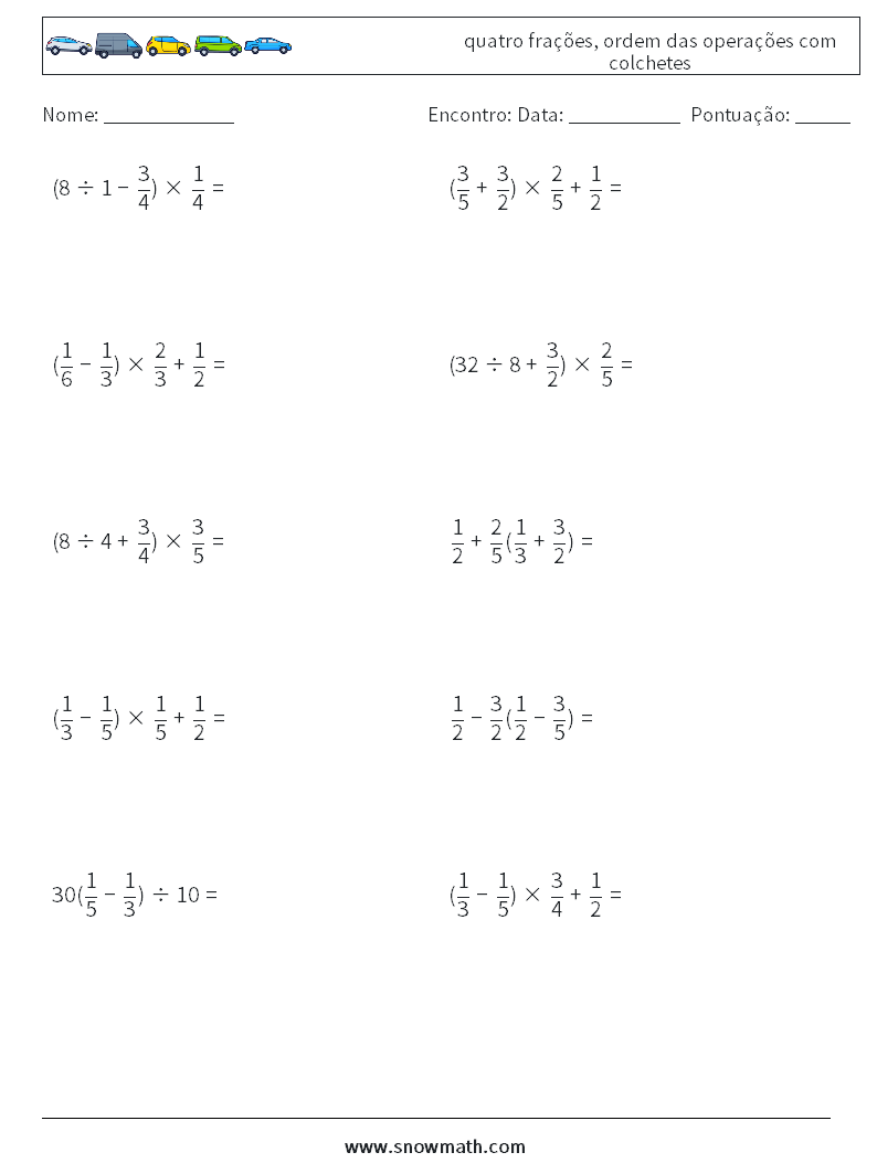 (10) quatro frações, ordem das operações com colchetes planilhas matemáticas 9