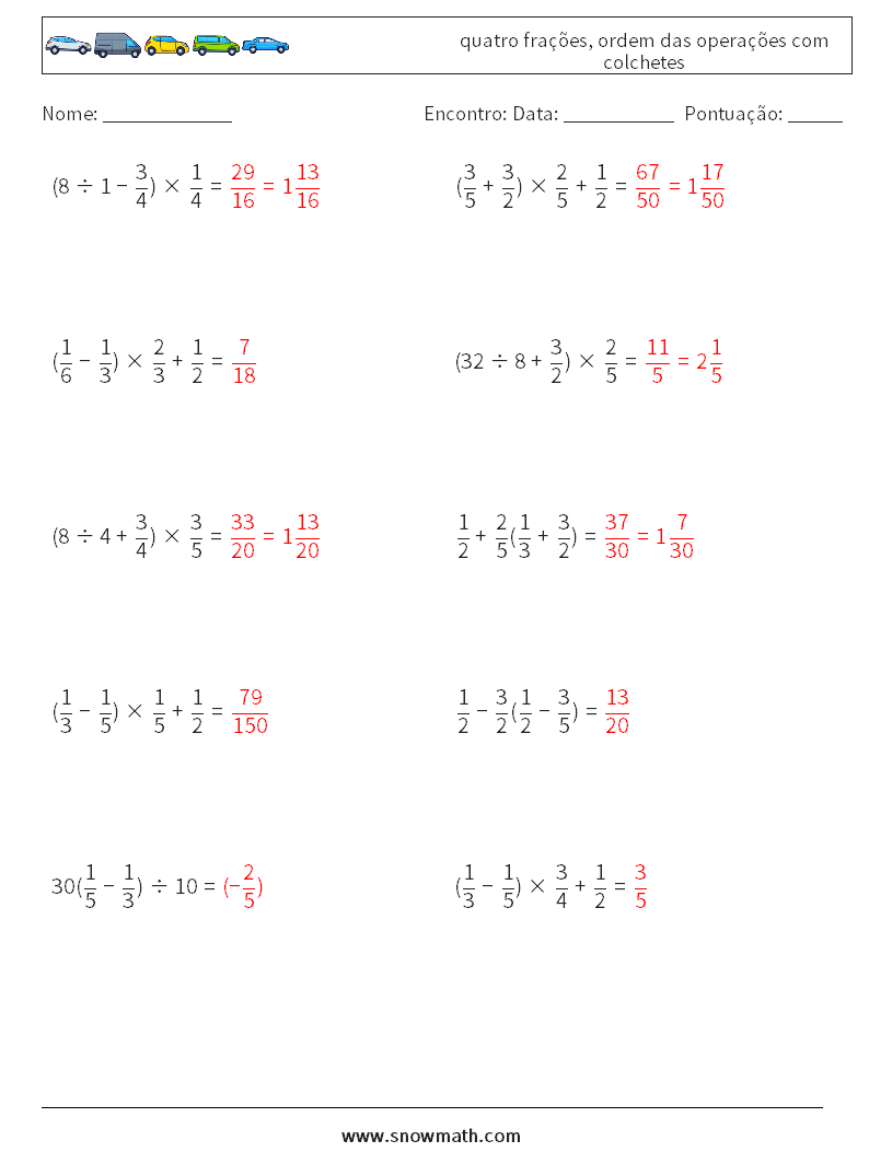 (10) quatro frações, ordem das operações com colchetes planilhas matemáticas 9 Pergunta, Resposta