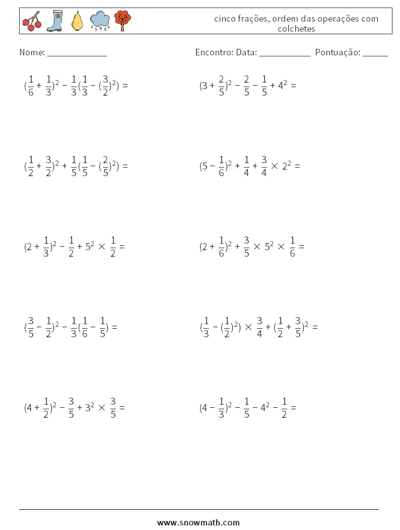 (10) cinco frações, ordem das operações com colchetes planilhas matemáticas 10