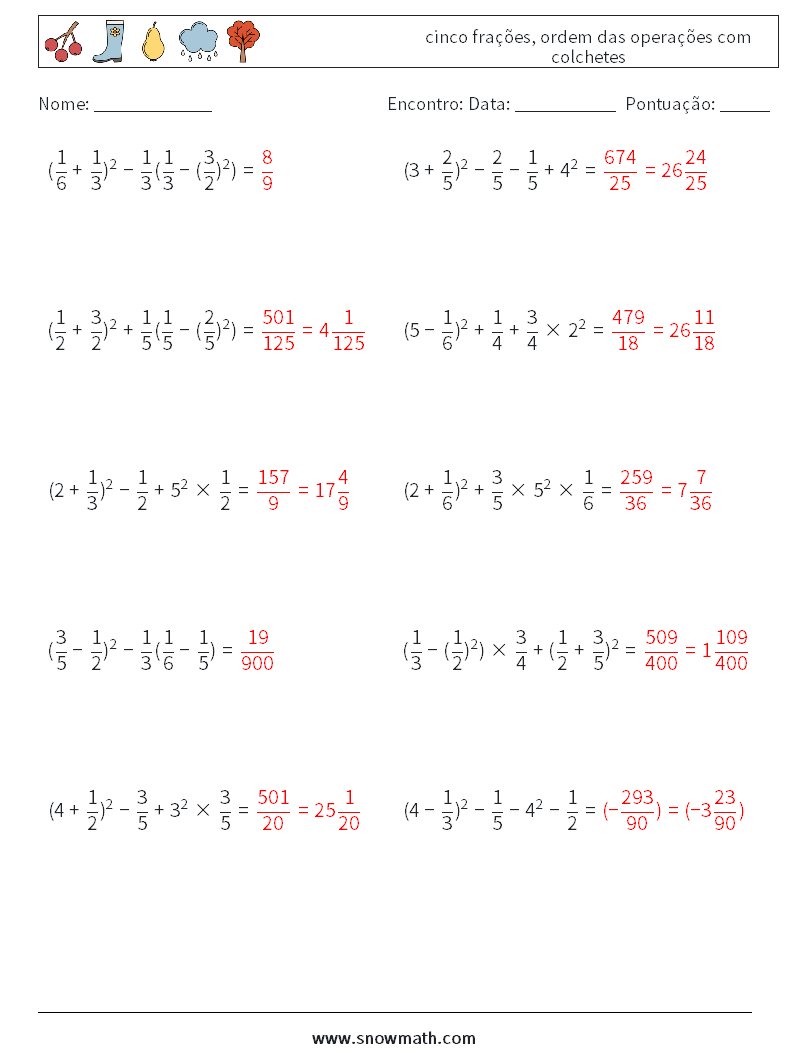 (10) cinco frações, ordem das operações com colchetes planilhas matemáticas 10 Pergunta, Resposta