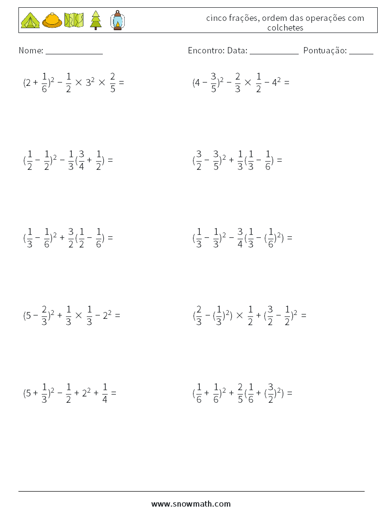 (10) cinco frações, ordem das operações com colchetes planilhas matemáticas 11