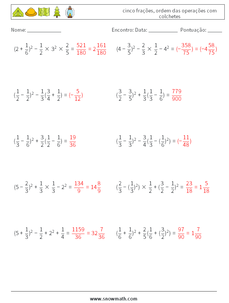 (10) cinco frações, ordem das operações com colchetes planilhas matemáticas 11 Pergunta, Resposta