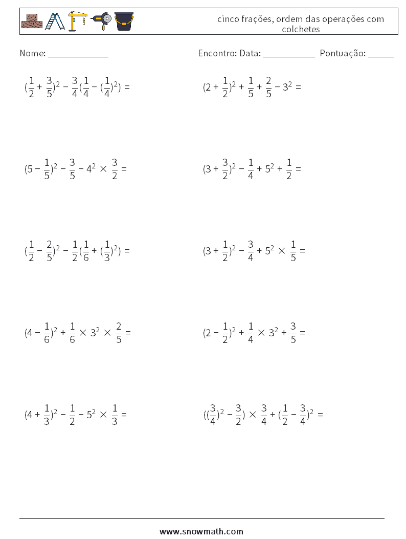 (10) cinco frações, ordem das operações com colchetes planilhas matemáticas 12