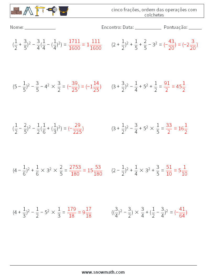 (10) cinco frações, ordem das operações com colchetes planilhas matemáticas 12 Pergunta, Resposta