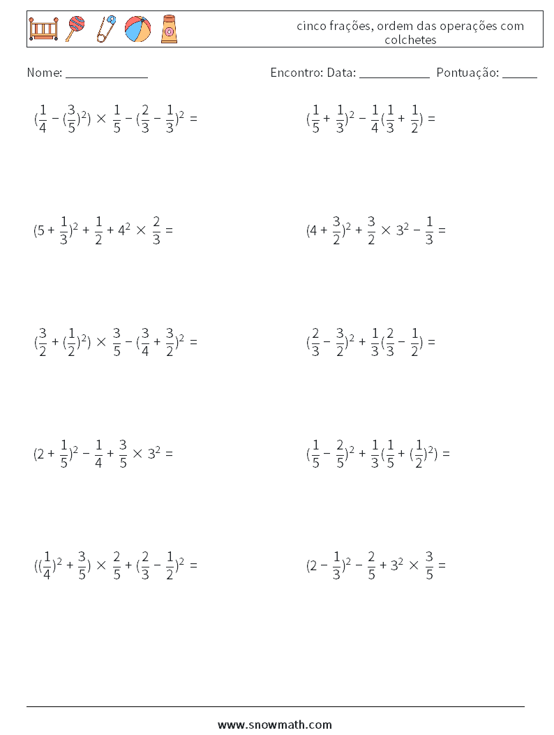 (10) cinco frações, ordem das operações com colchetes planilhas matemáticas 13