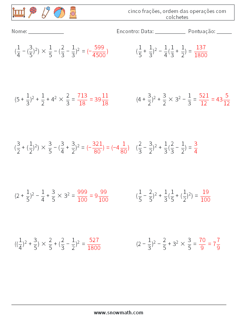 (10) cinco frações, ordem das operações com colchetes planilhas matemáticas 13 Pergunta, Resposta