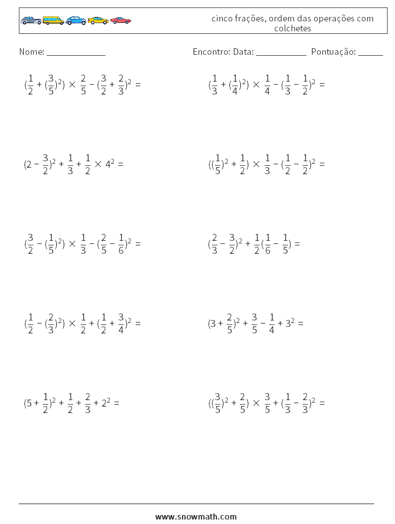 (10) cinco frações, ordem das operações com colchetes planilhas matemáticas 14