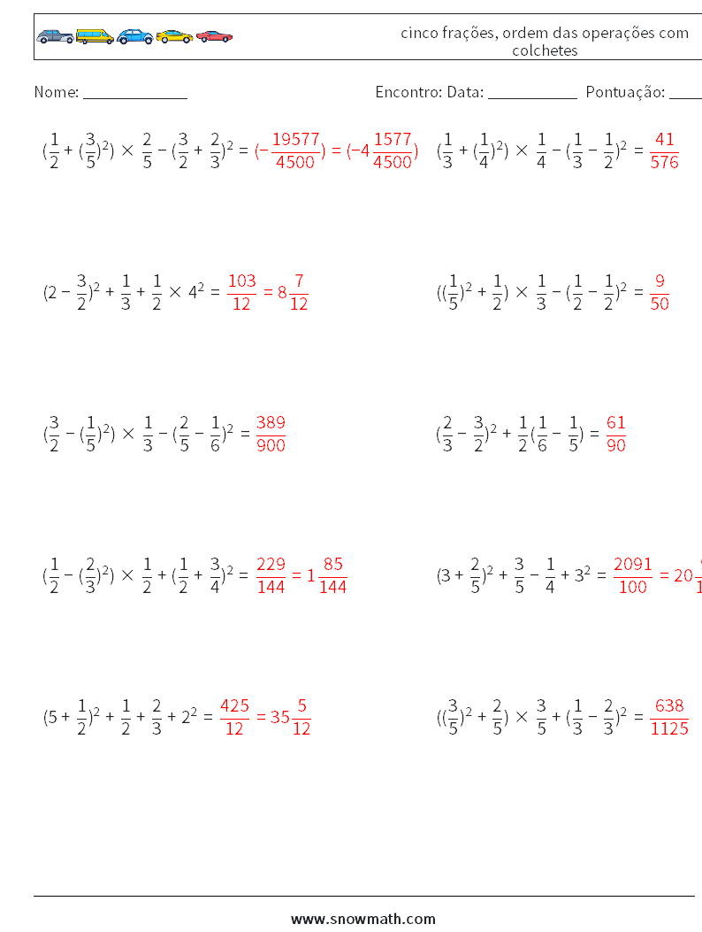 (10) cinco frações, ordem das operações com colchetes planilhas matemáticas 14 Pergunta, Resposta