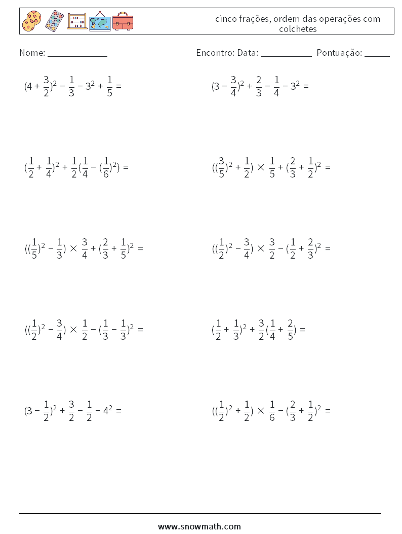 (10) cinco frações, ordem das operações com colchetes planilhas matemáticas 15