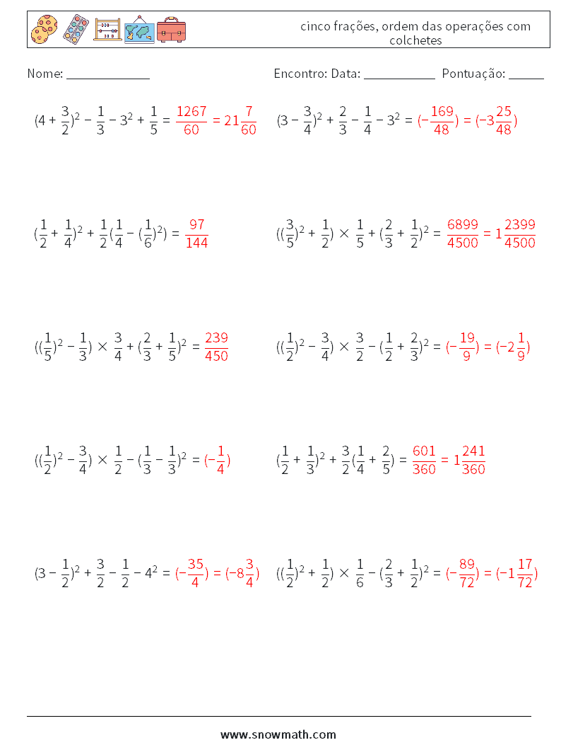 (10) cinco frações, ordem das operações com colchetes planilhas matemáticas 15 Pergunta, Resposta