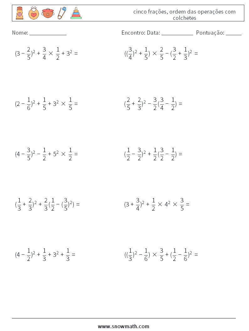 (10) cinco frações, ordem das operações com colchetes planilhas matemáticas 16